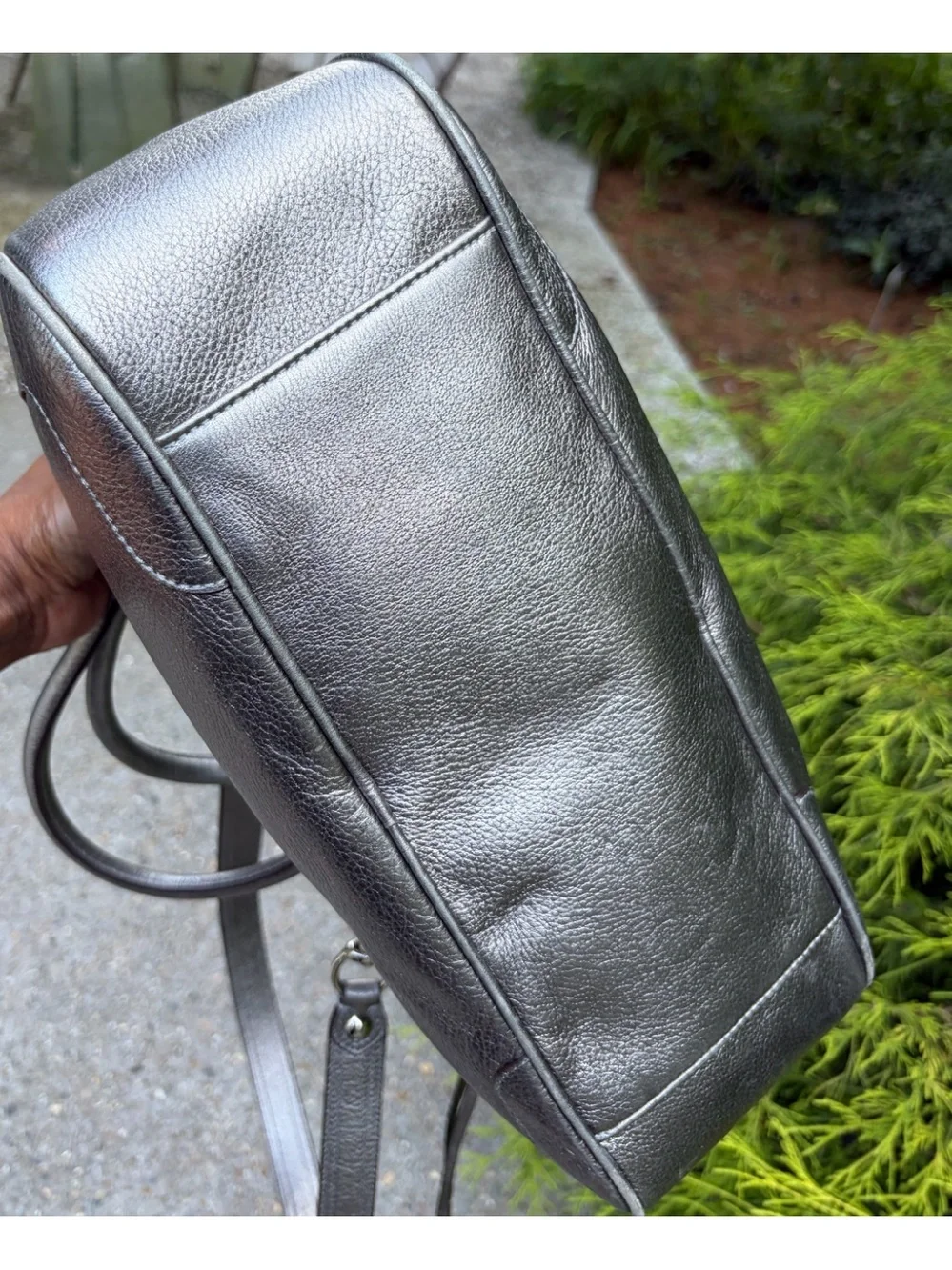 Coach Poppy Metallic Leather  Silver Pushlock Satchel 17888 With Crossbody Strap
